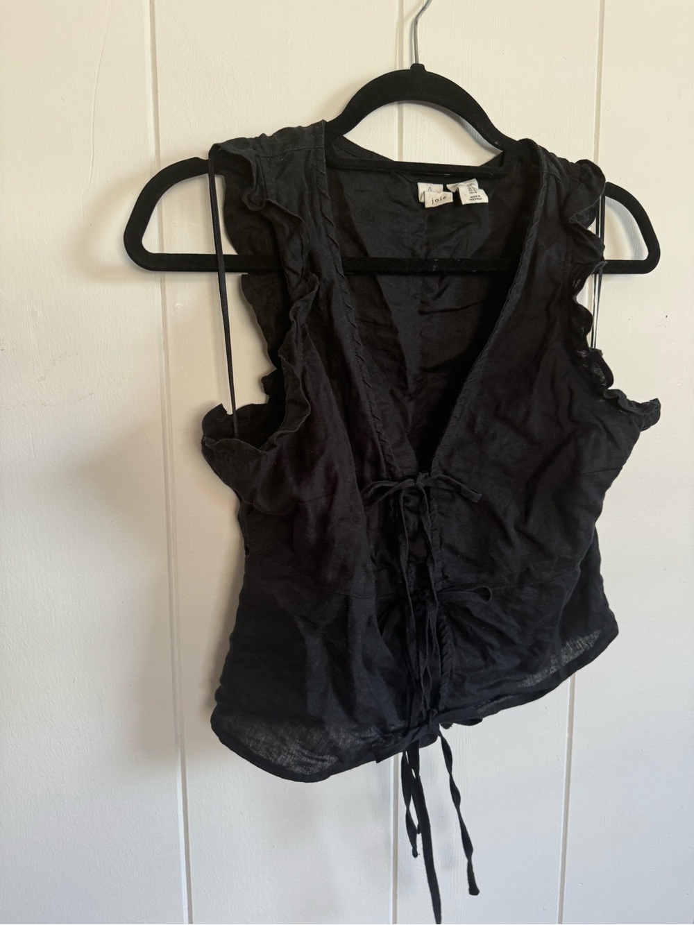 Joie Women's Black Ruffle Tie-Front Top 100% Linen Medium